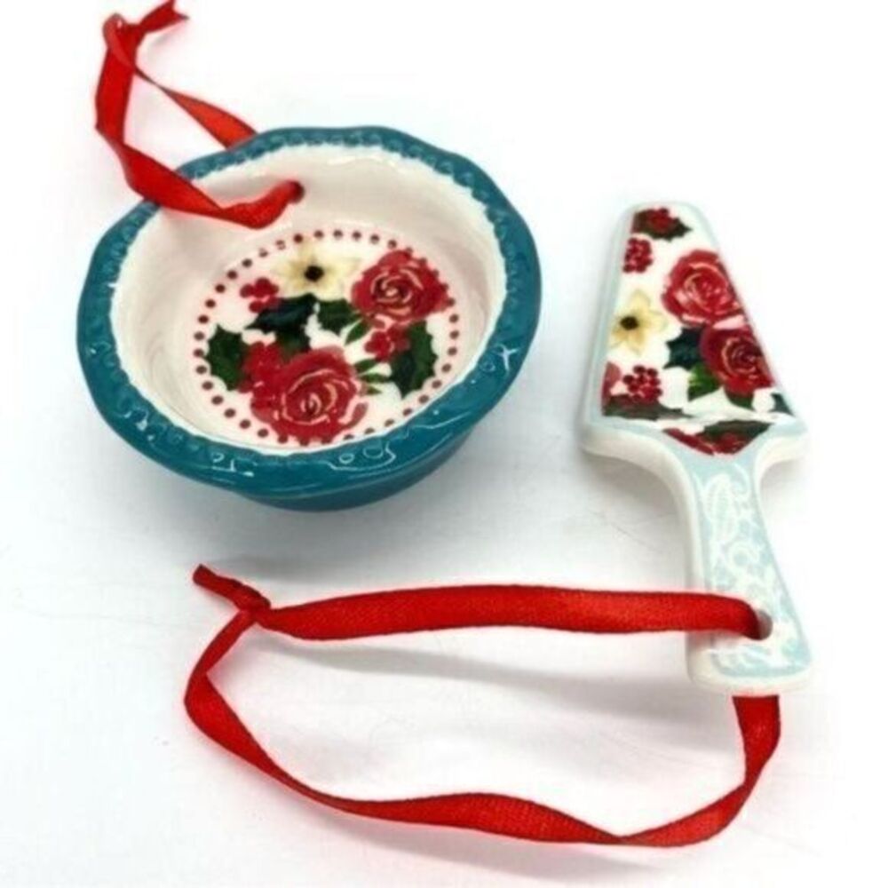 The Pioneer Woman Holly Rose Ceramic Pie Plate & Cake Server Ornaments New